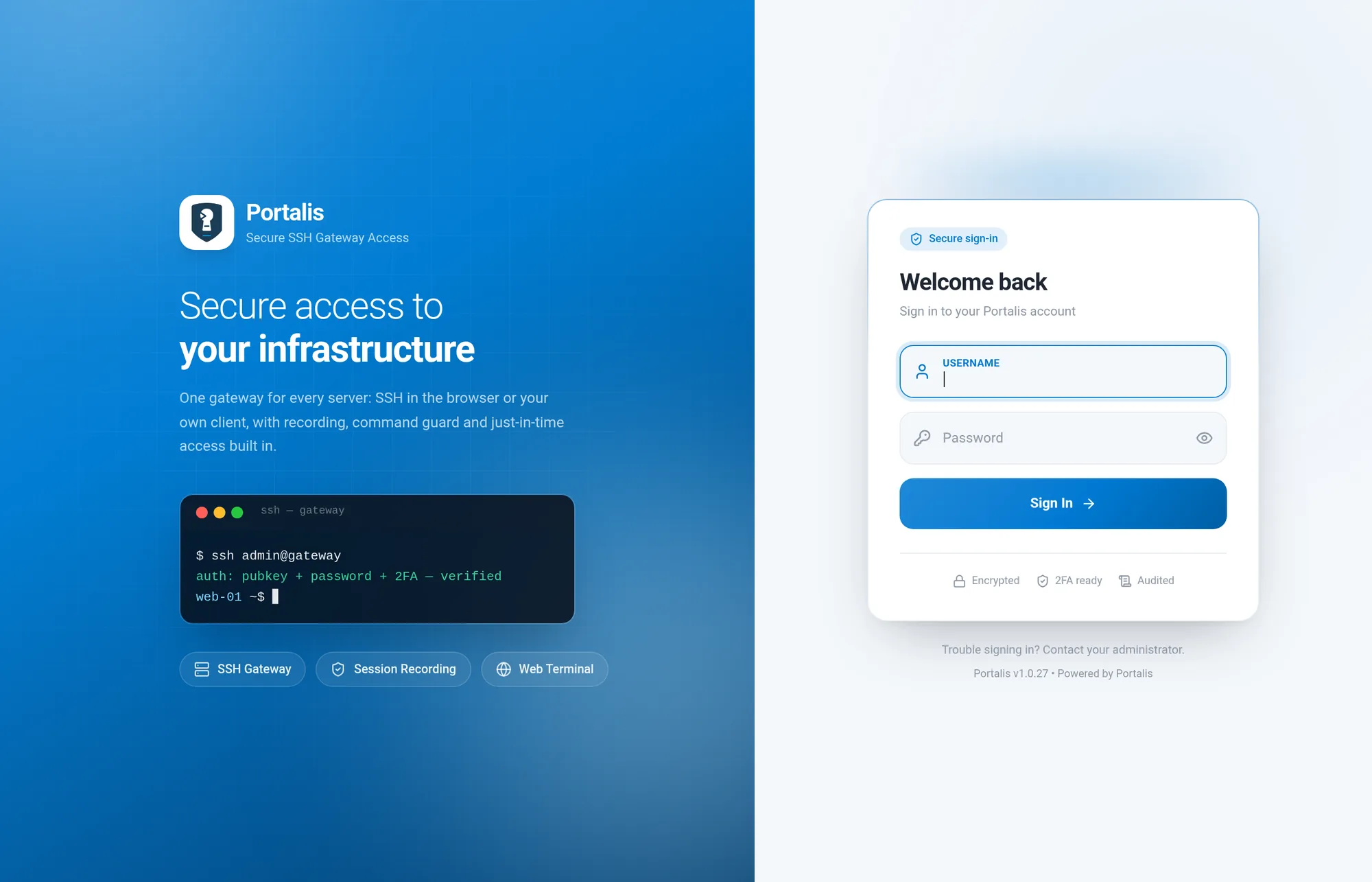The Portalis sign-in page, with the product introduction on the left and the sign-in card on the right.