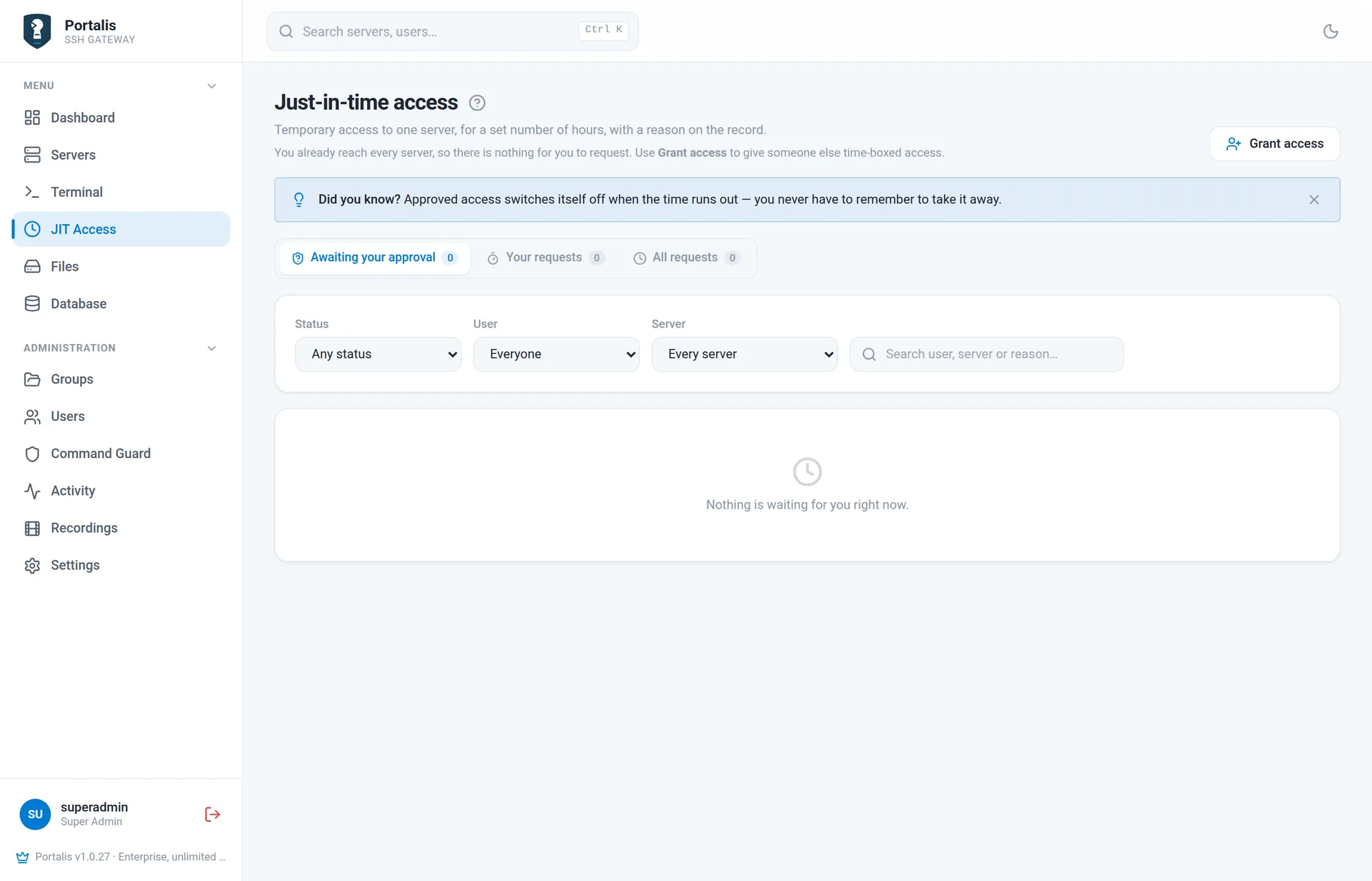 The just-in-time access page with tabs for active and past requests.