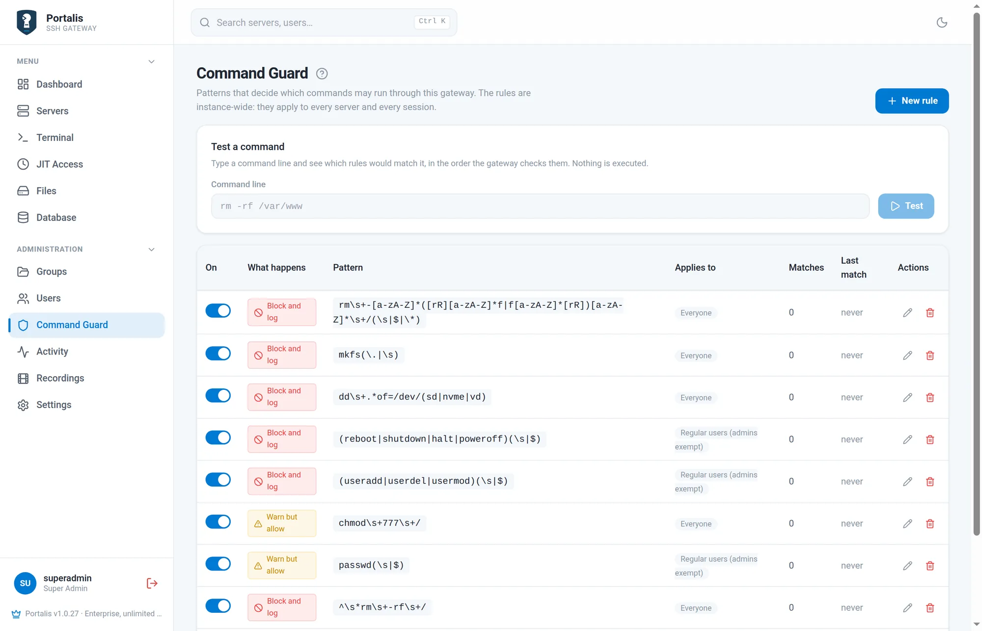 The Command Guard page listing rules with their pattern, action and note.