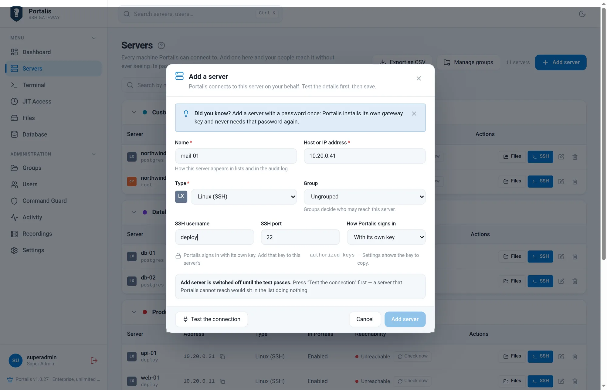 The Add a server dialog with name, host, type, group, SSH username, port and sign-in method.