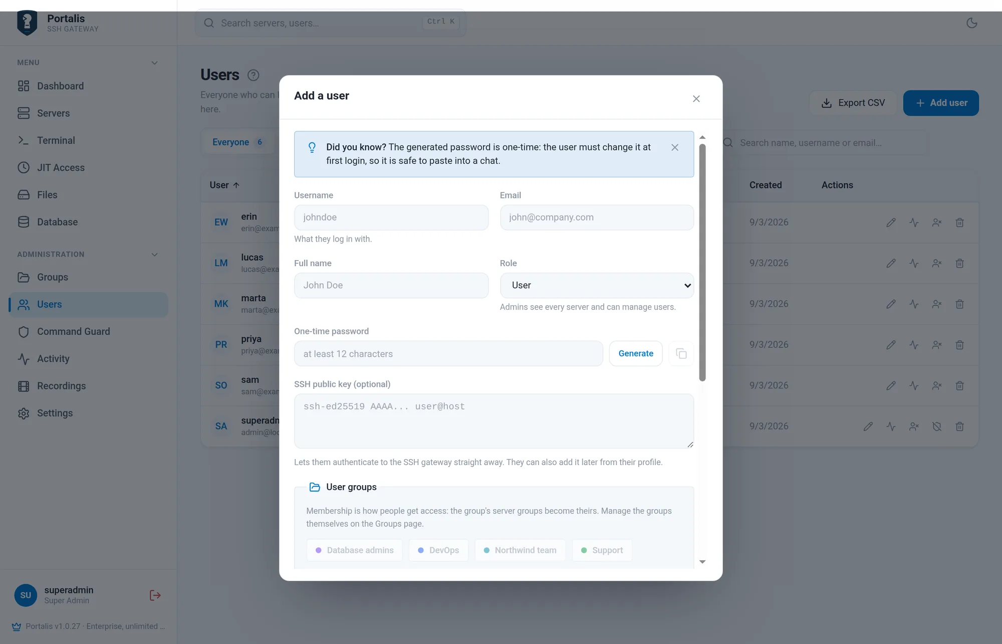 The Add user dialog with username, name, email, role, a generated password and team membership.