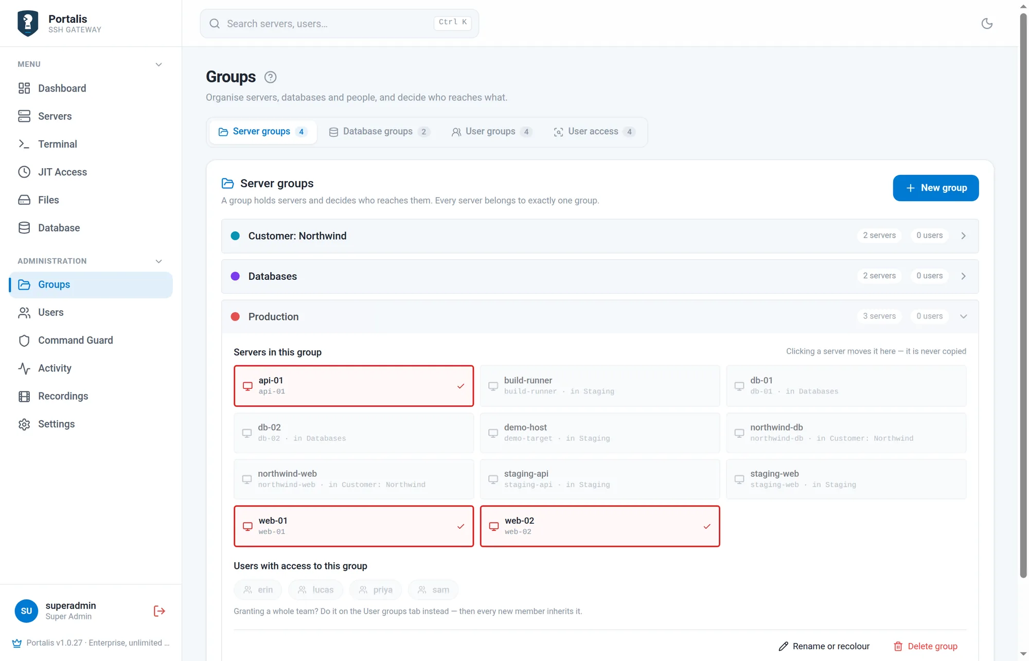 The Server groups tab with four groups, one expanded to show its servers.