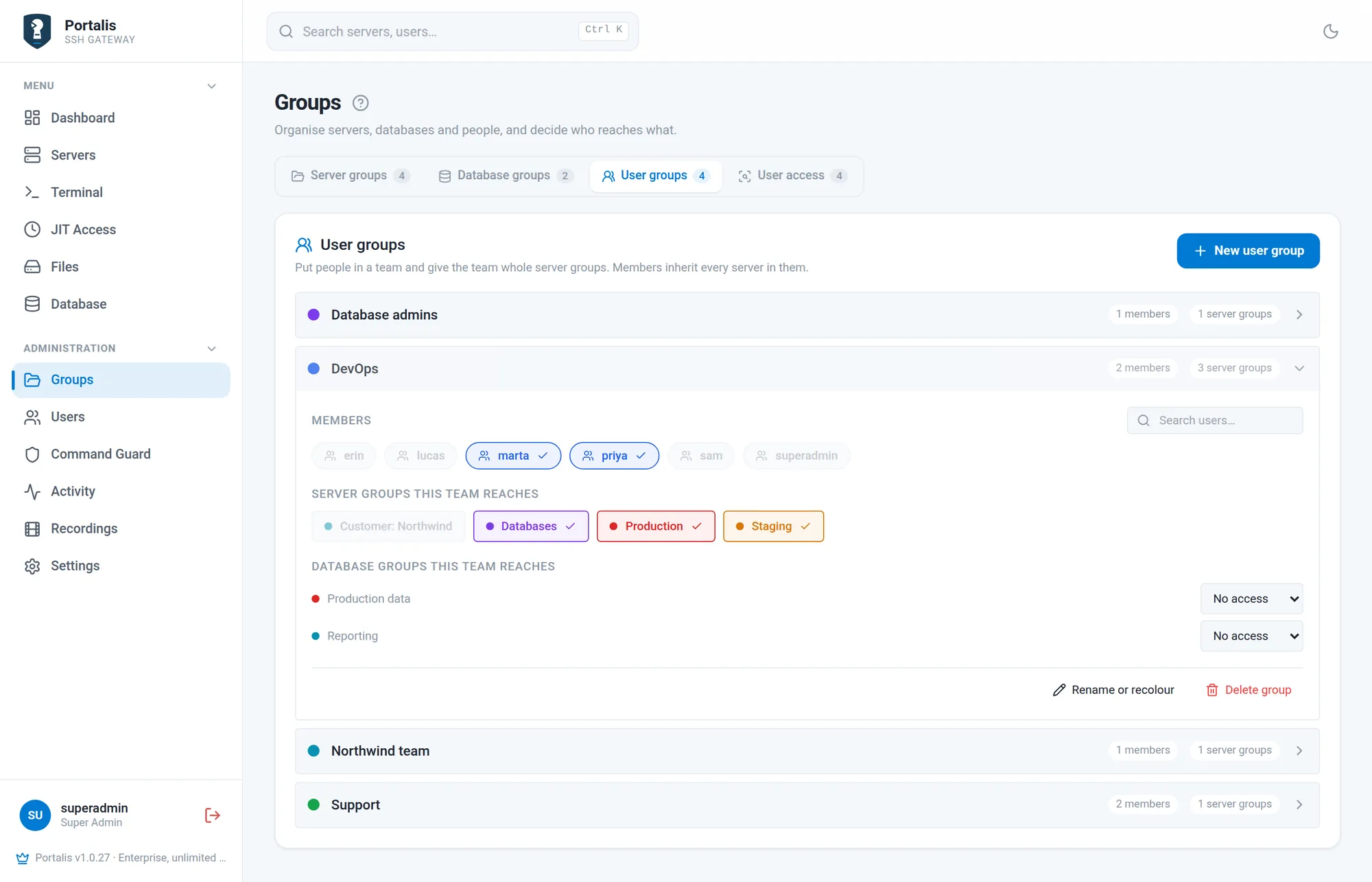 The DevOps team expanded, showing members, the server groups it reaches and the database groups it reaches.
