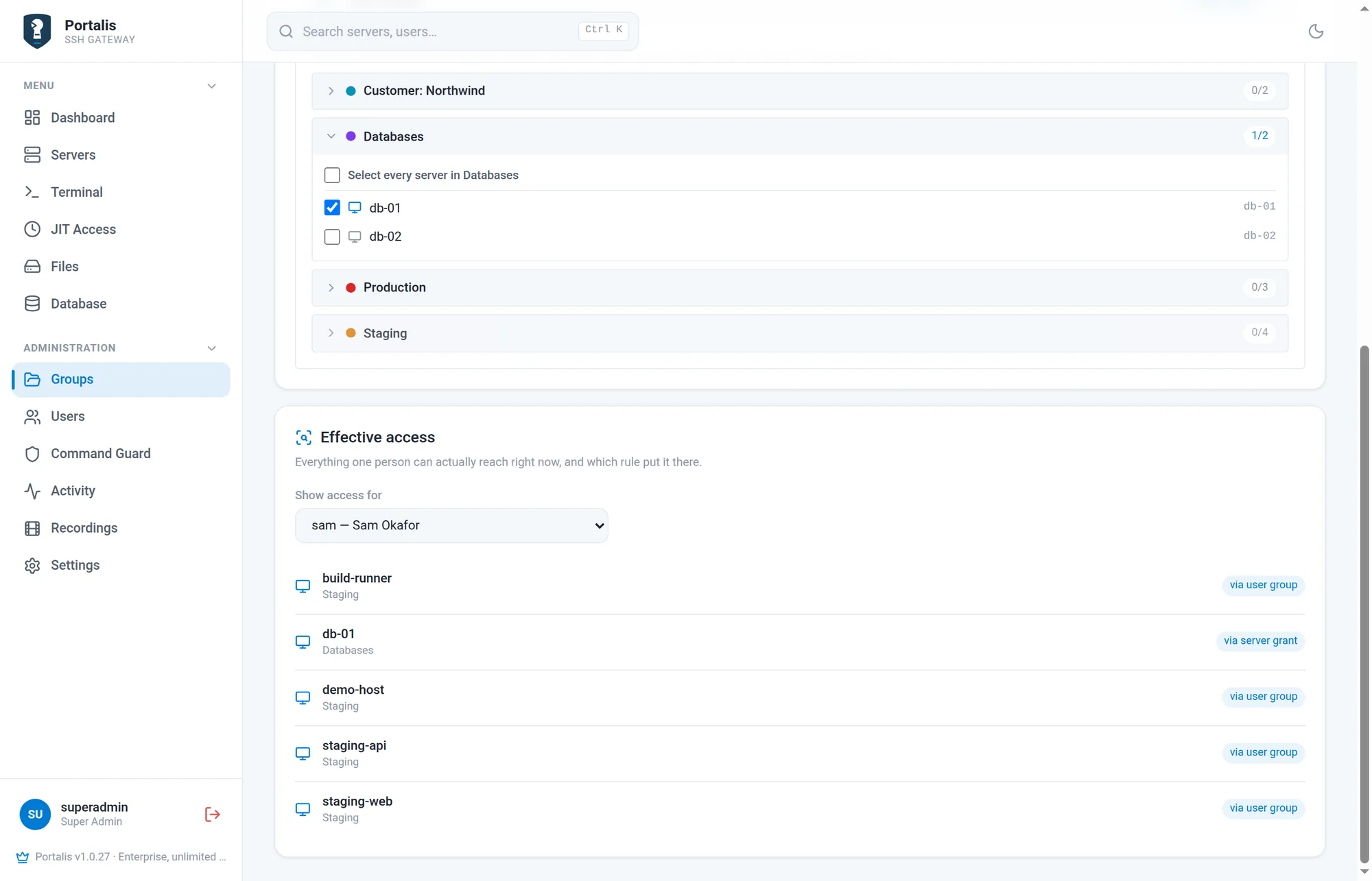 Effective access for Sam Okafor, listing five servers, each tagged via user group or via server grant.