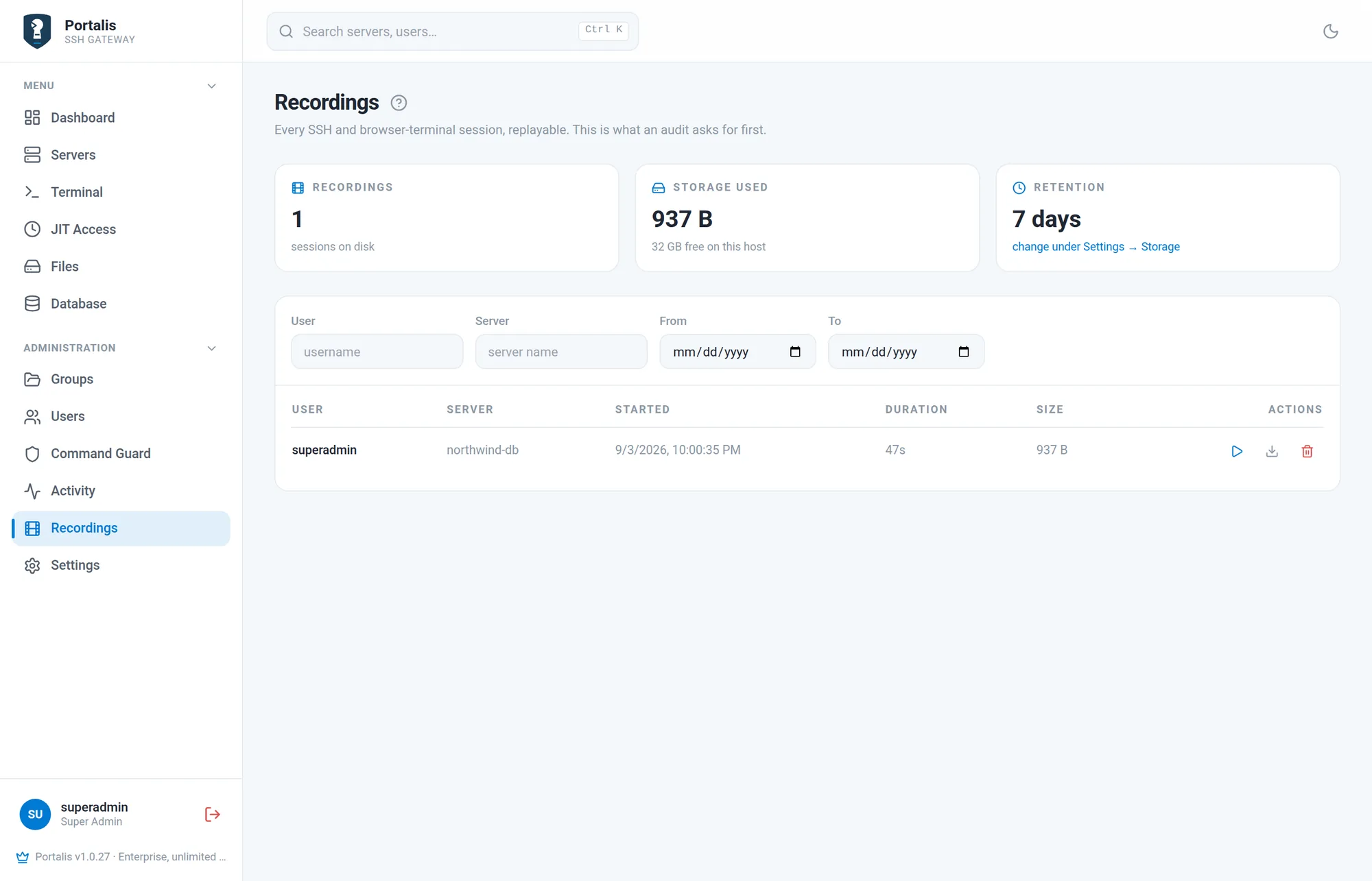 The Recordings page with tiles for count, storage used and retention, and a table of recordings.