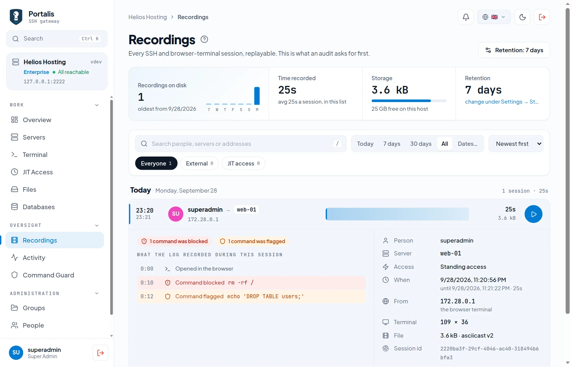 An opened recording showing session times, source address, how the person connected, terminal size, guard badges and the audit trail of the session.