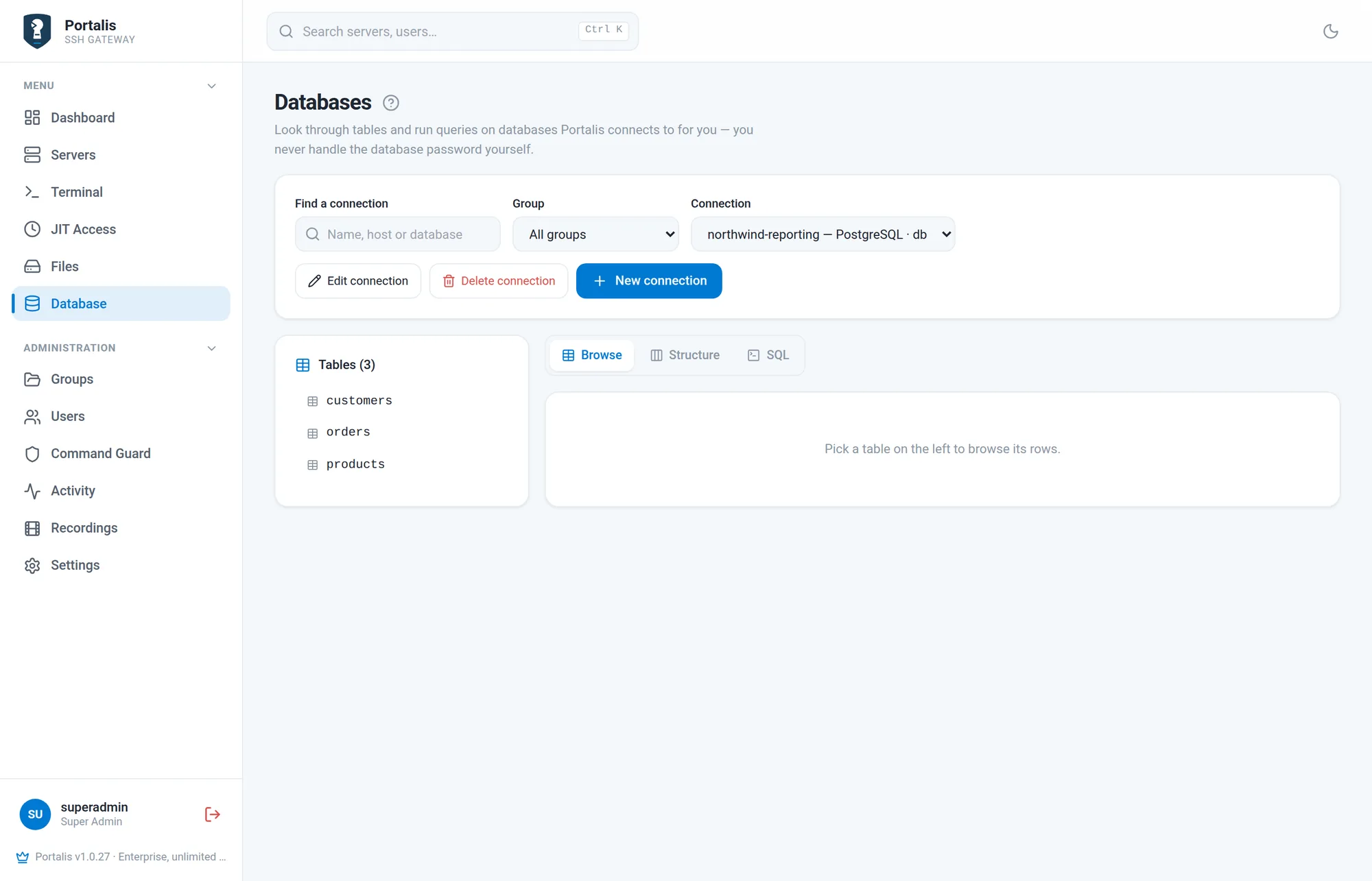 The Database page with a connection selected, its tables listed on the left.