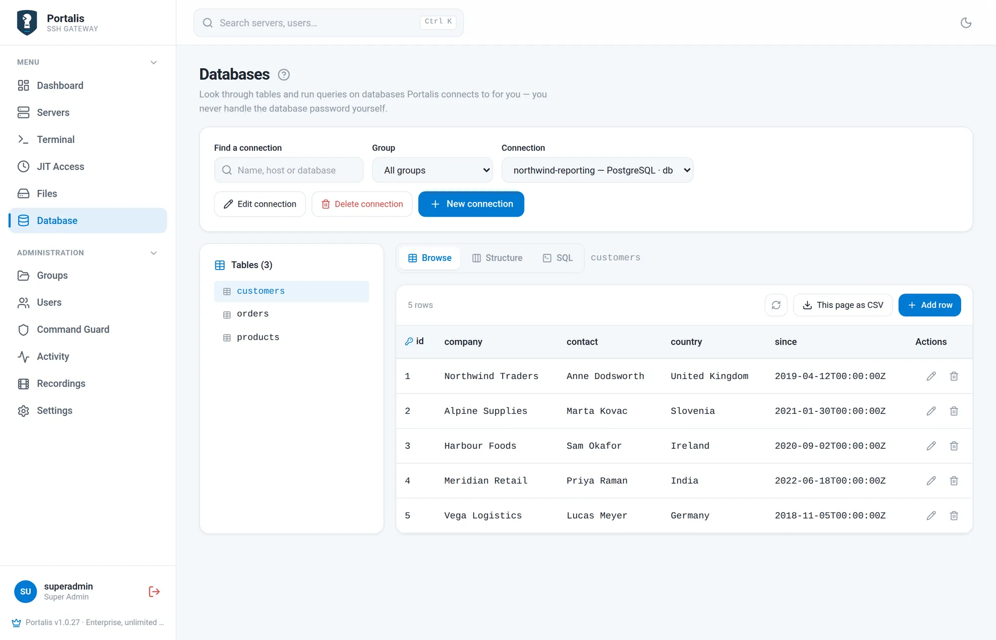 The Browse tab showing rows of a customers table with paging.