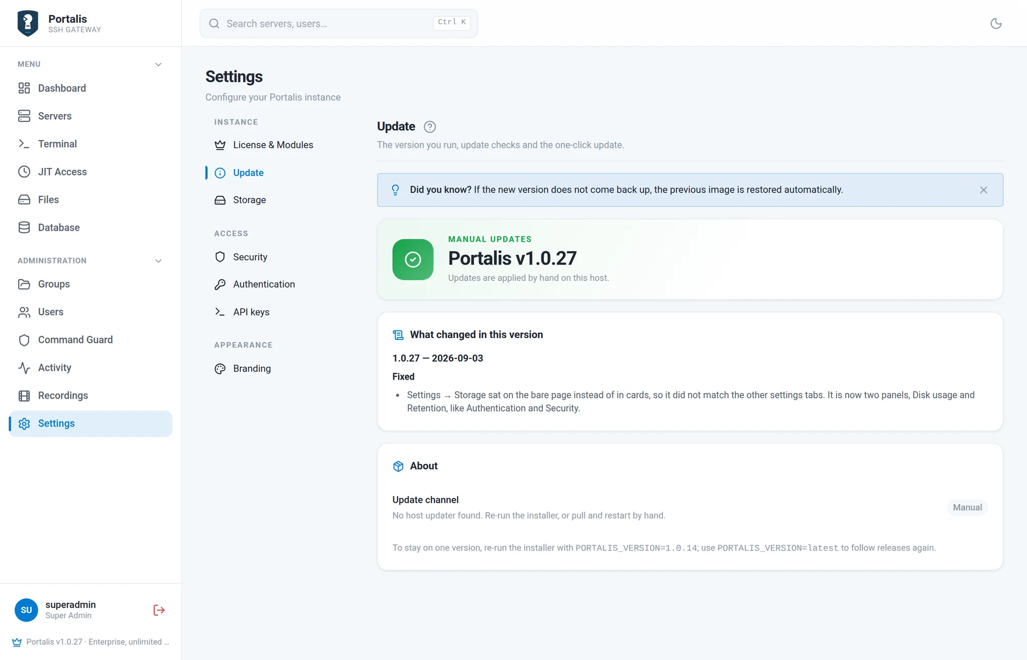 The Update tab showing the running version, the available version and release notes.