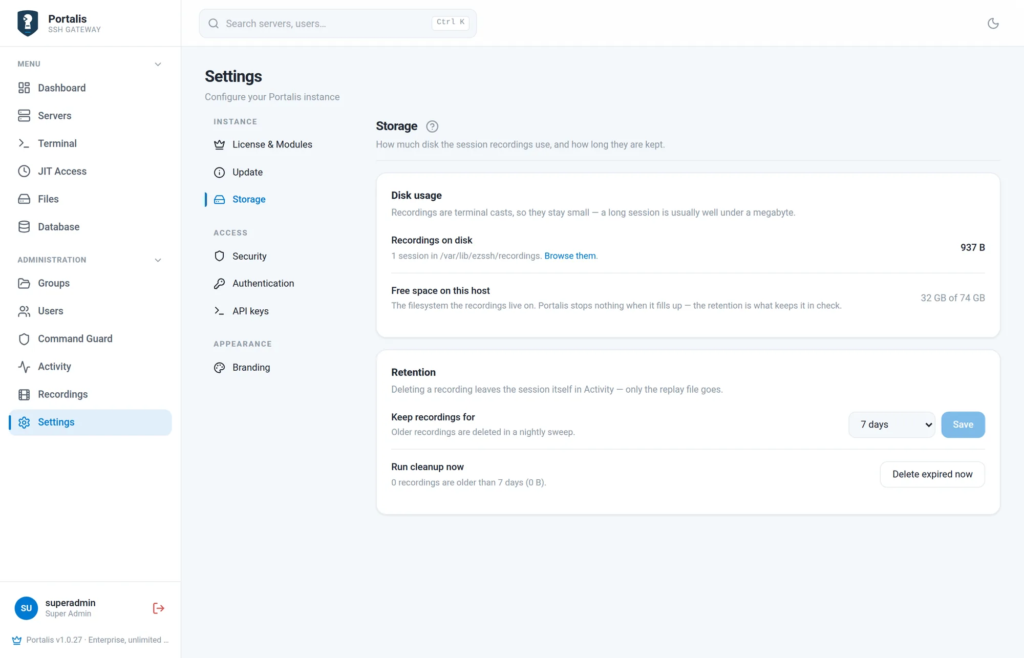 The Storage tab with disk usage and retention settings for recordings.