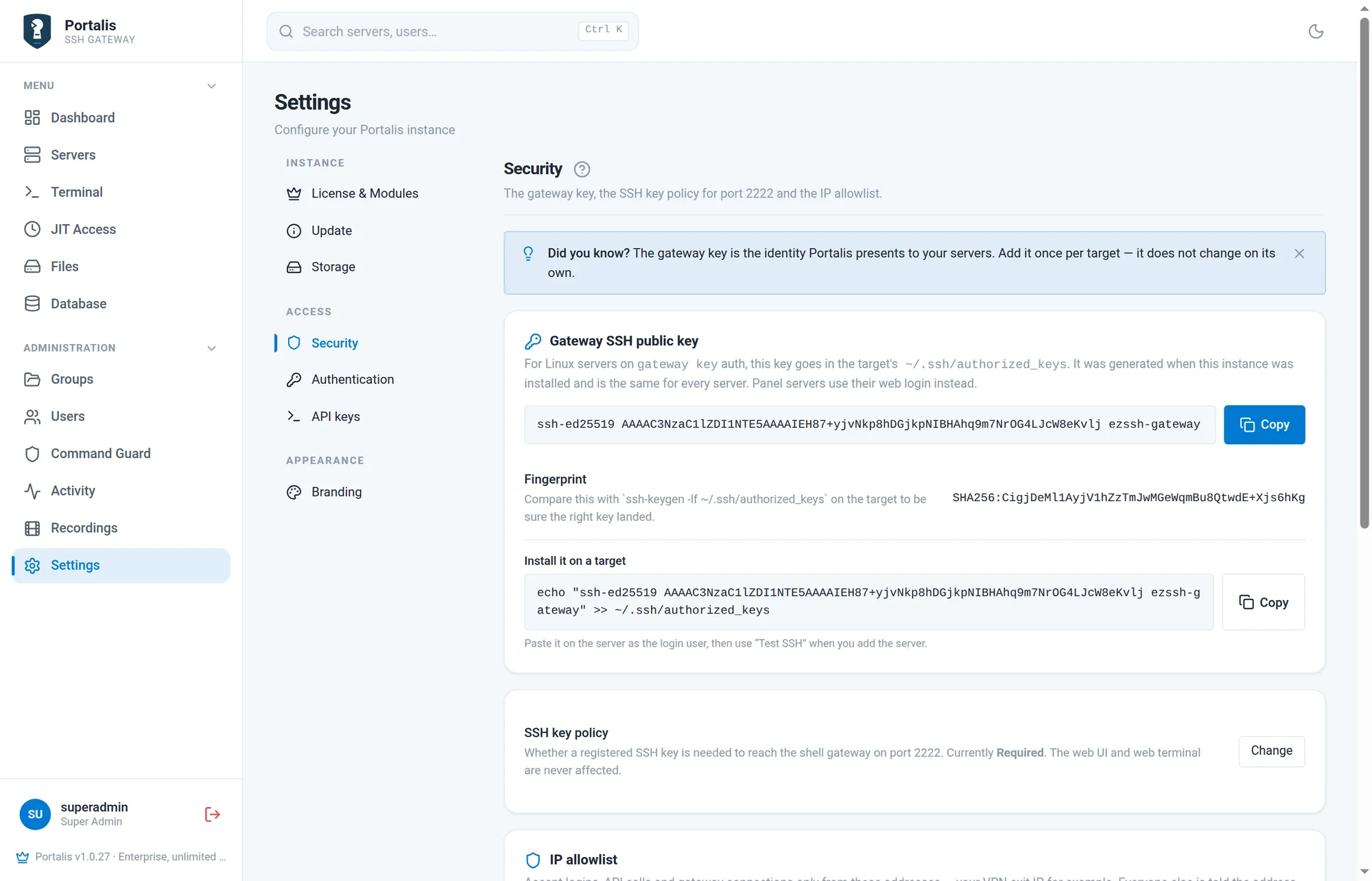 The Security tab with the gateway key, the SSH key policy and the IP allowlist.