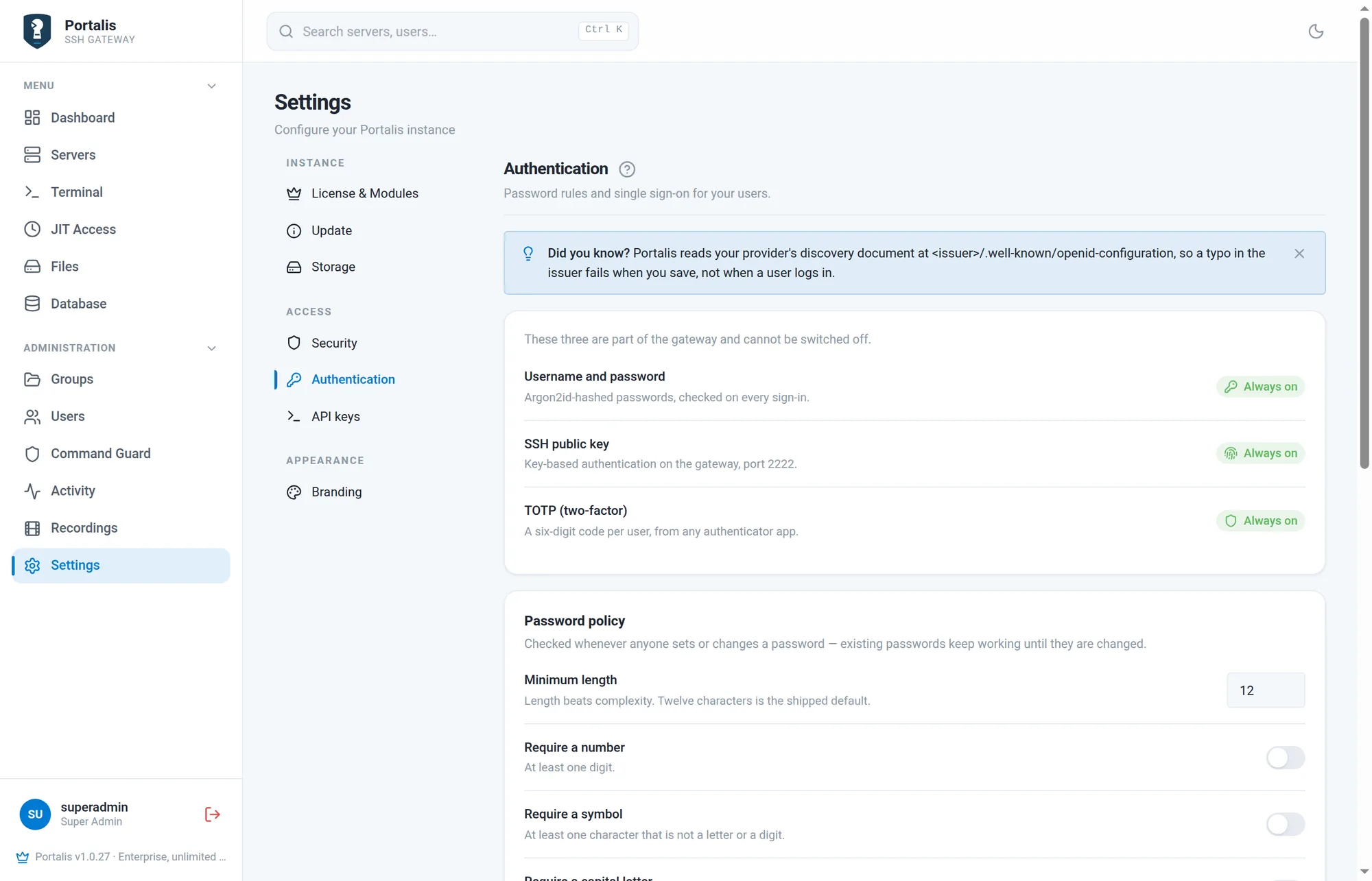 The Authentication tab showing the built-in methods and the password policy.