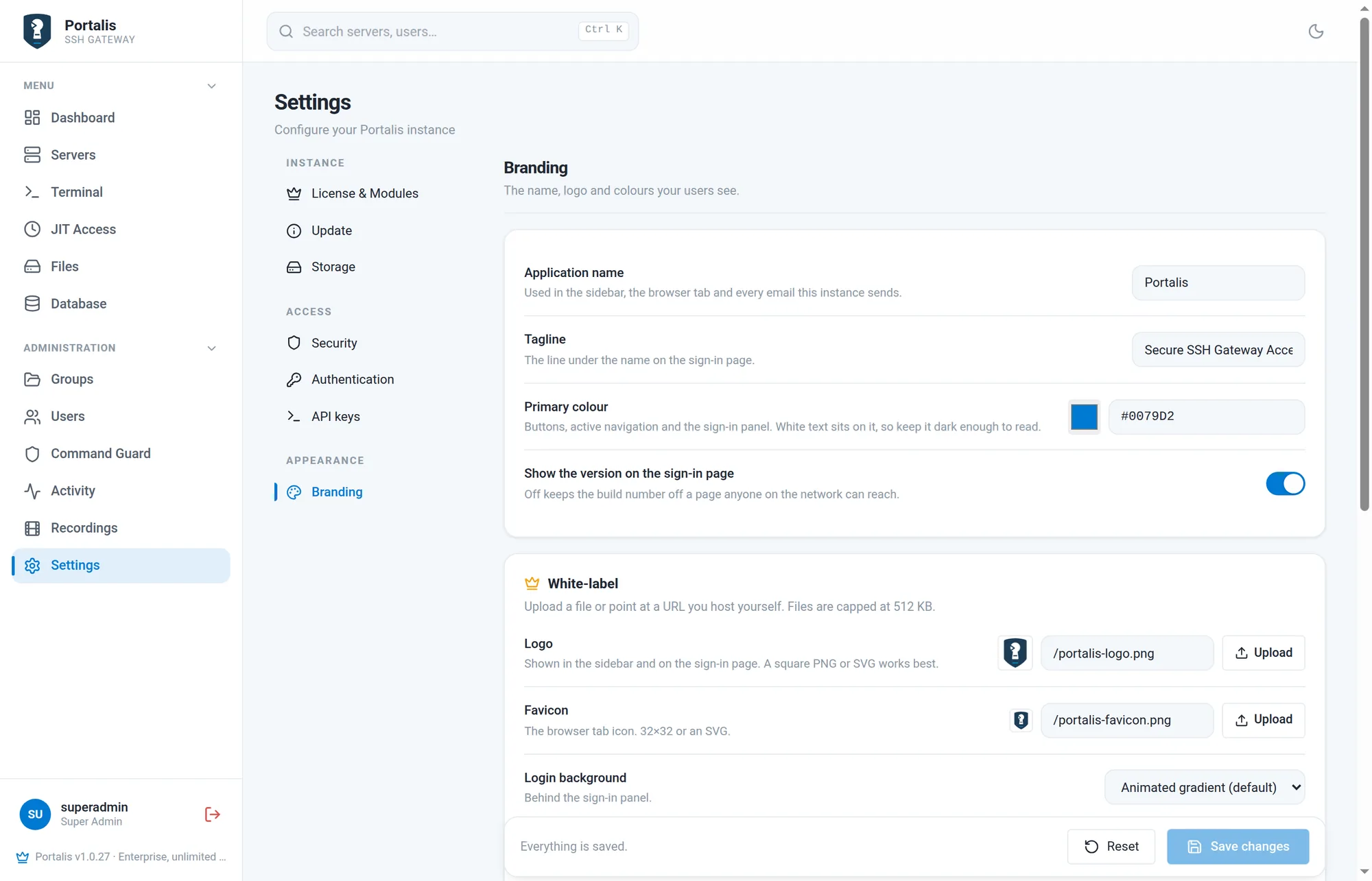 The Branding tab with the app name, colour, logo and a live preview of the sign-in page.