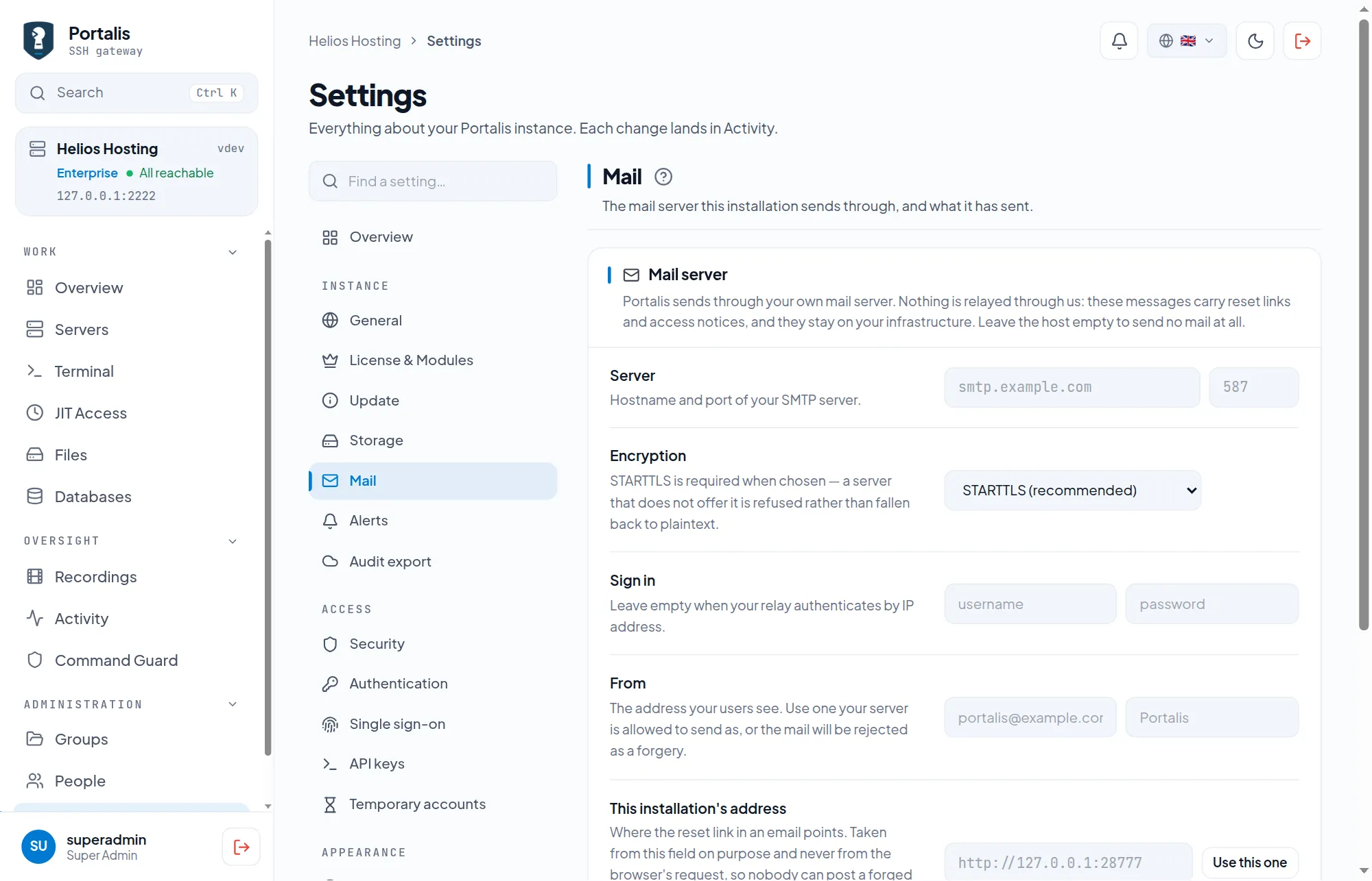 The Mail tab with SMTP host, encryption, sign-in and sender.
