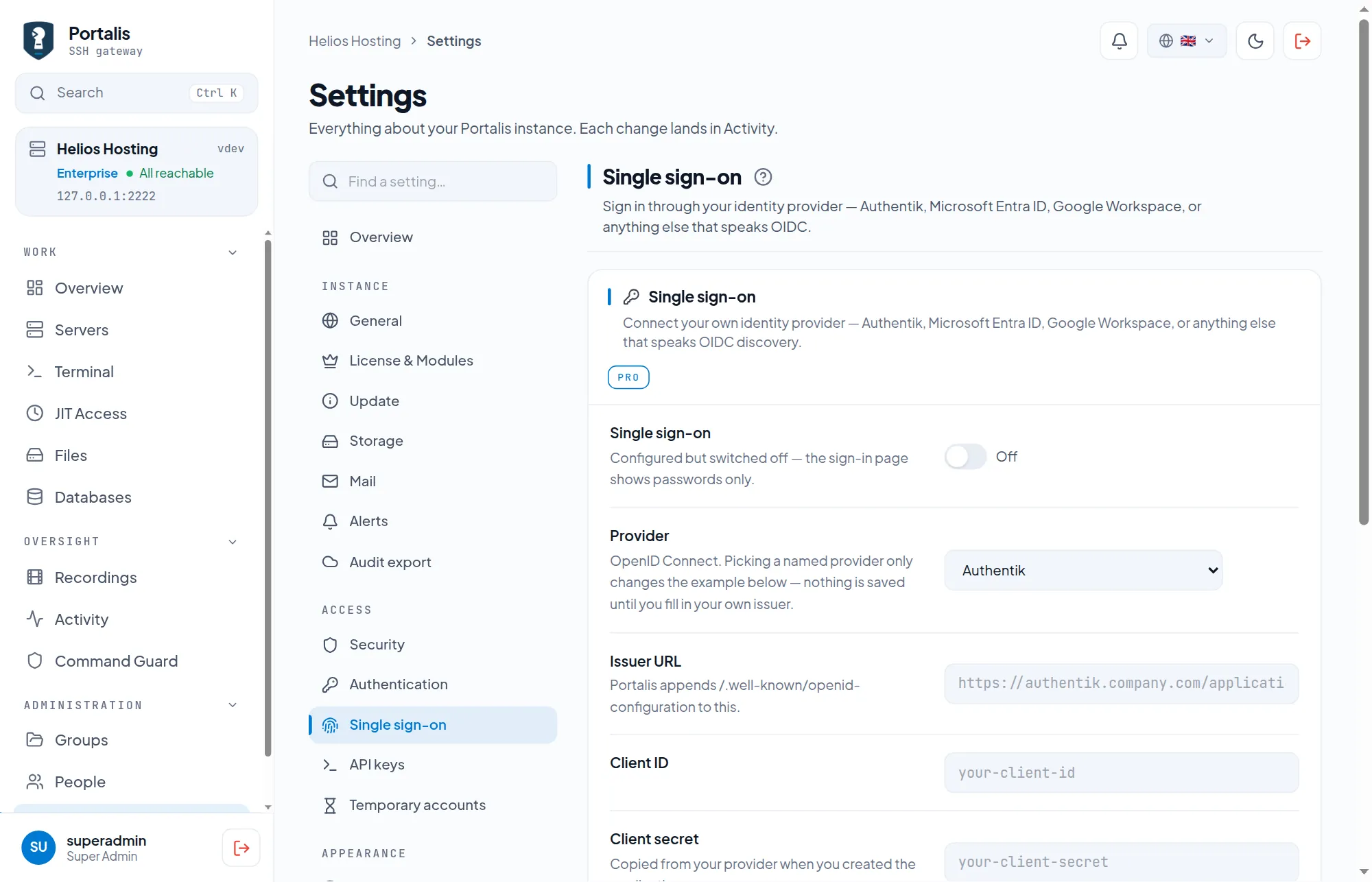The Single sign-on tab with provider, issuer, client ID and redirect URI.