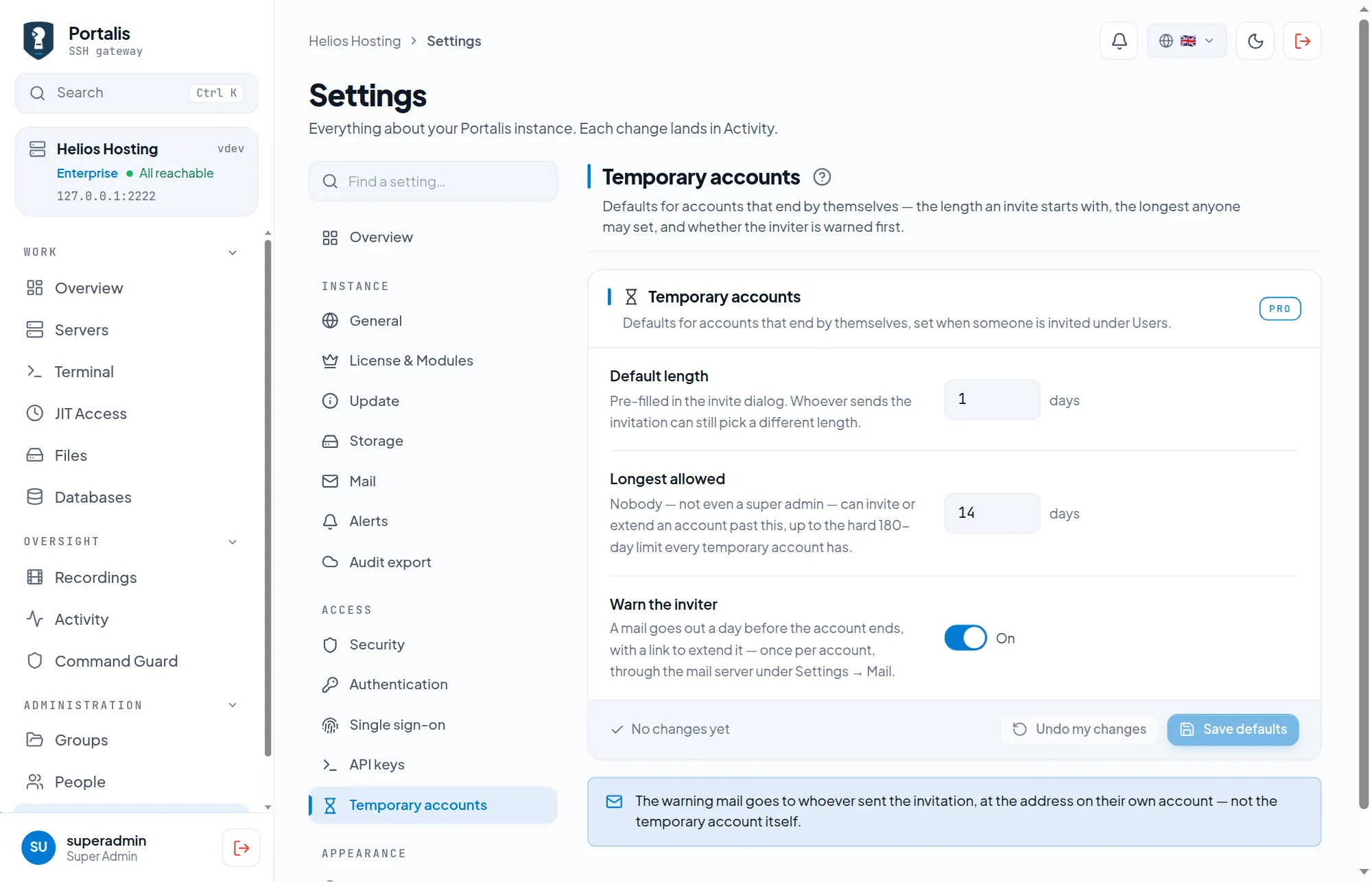The Temporary accounts tab with default length, longest allowed and warning settings.